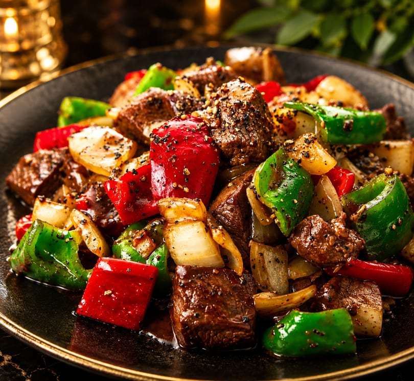 Stir-fried beef with red and green bell peppers, onions, and black pepper on a dark plate.
