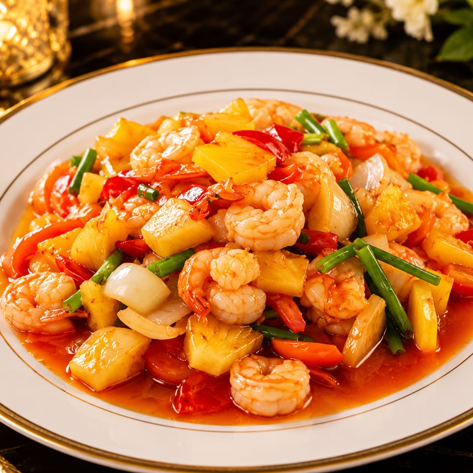 Sweet and sour shrimp with pineapple, bell peppers, and onions on a white plate.