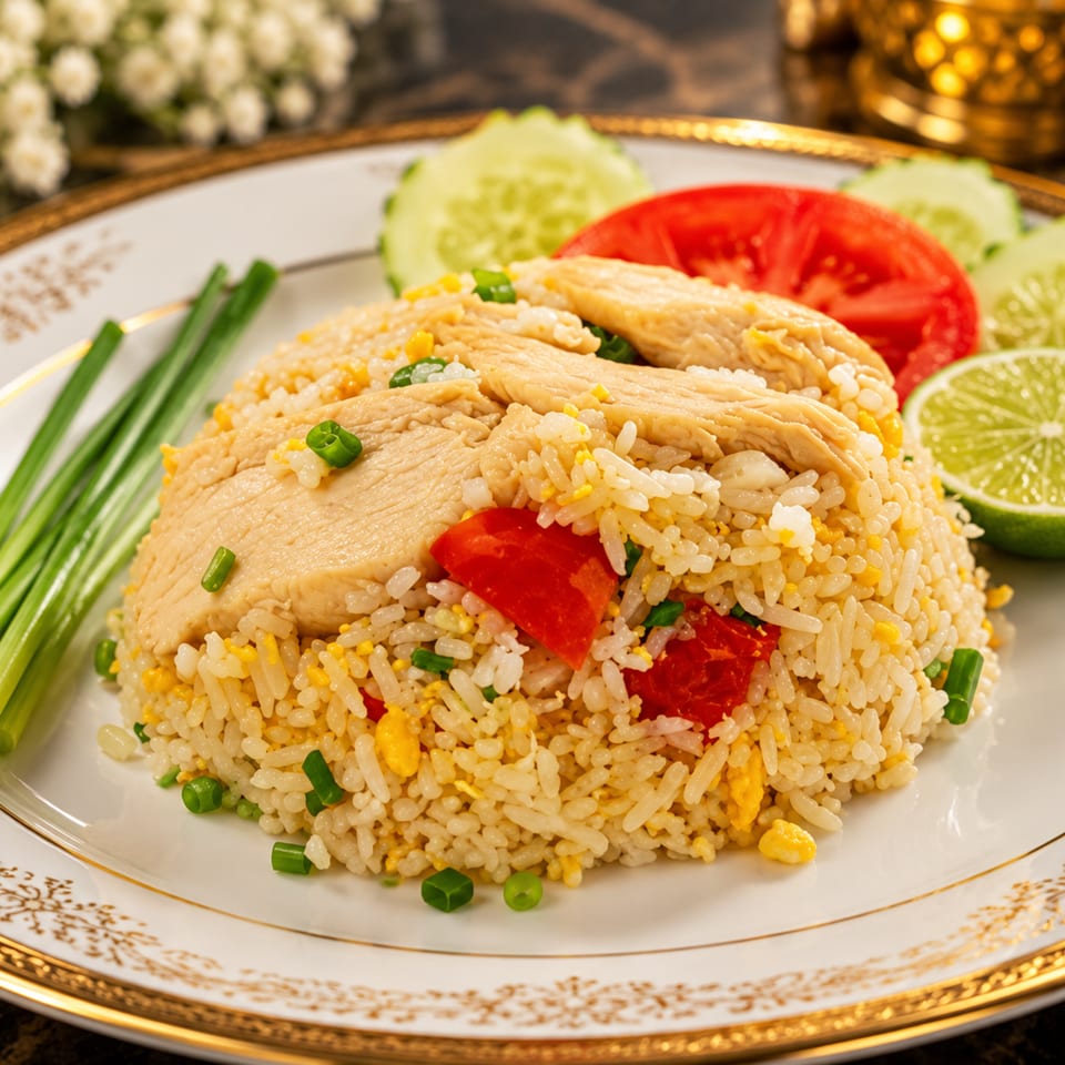 Chicken fried rice with sliced tomatoes, cucumbers, lime, and green onions on a white plate.