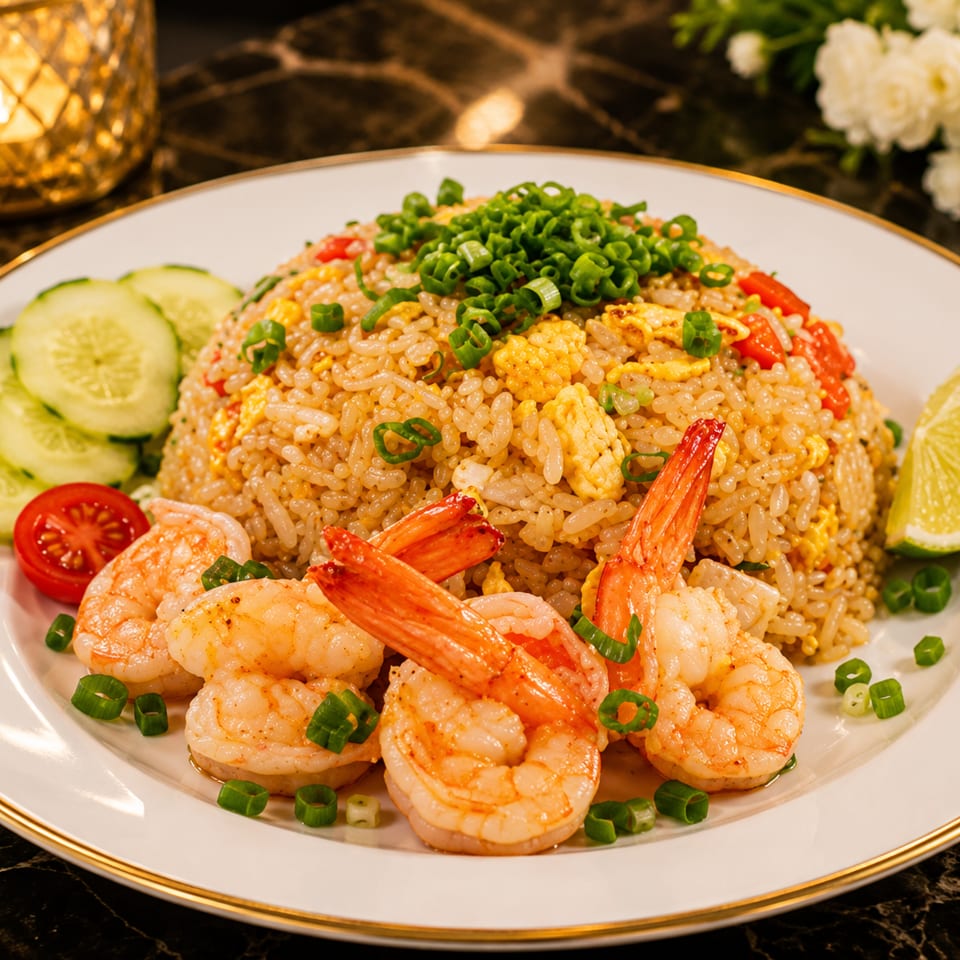 Shrimp fried rice with cucumbers, tomato, and lime on a white plate with a gold rim.